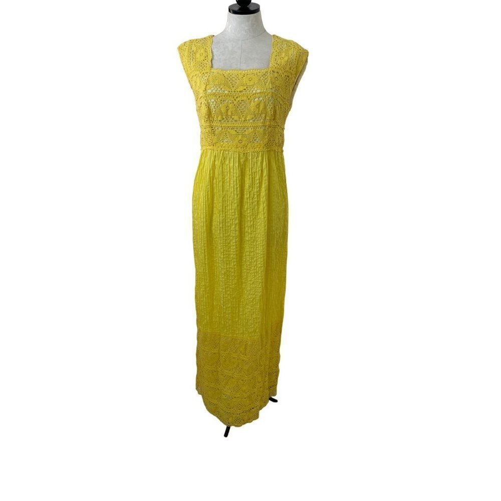 Tipicano Vintage Womens Maxi Dress Size Medium Yellow Cotton Crochet Square Neck